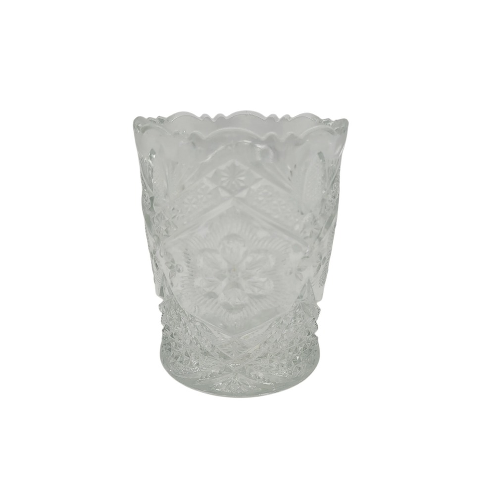Indiana Glass Rayed Flower Open Spooner Clear EAPG Scalloped Rim Vintage Vase 4"